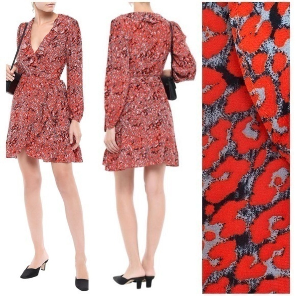 Maje Red Ruffle-trimmed Leopard Print Crepe Mini Wrap Dress Small